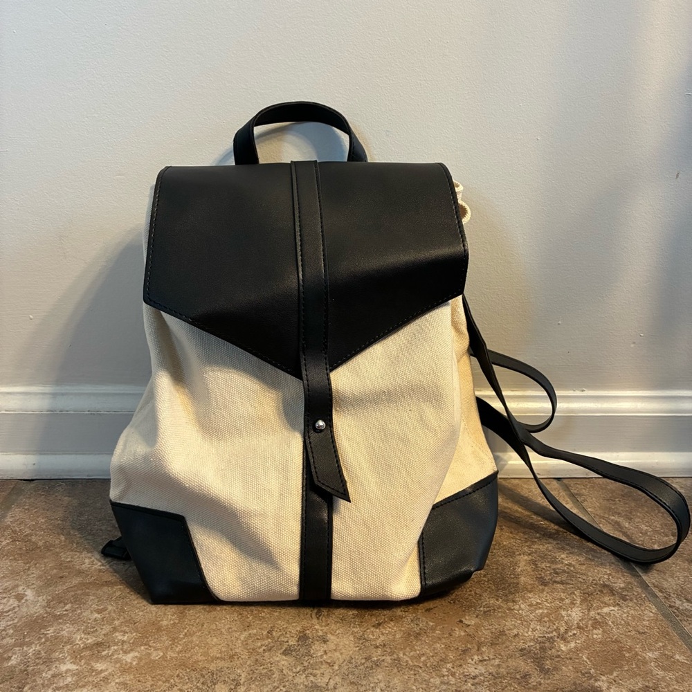 Deux Lux Backpack Canvas Backpack Beige White Black Leather Diaper Bag Flap